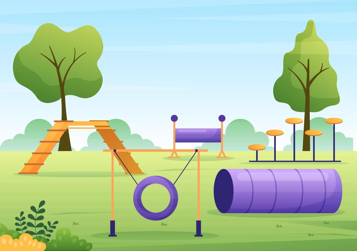 Dogs Training Center at Playground with Instructor Teaching Pets or Play for Tricks and Jumping Skills in Flat Cartoon Background Illustration vector