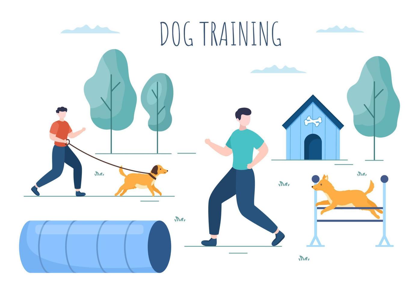 Dogs Training Center at Playground with Instructor Teaching Pets or Play for Tricks and Jumping Skills in Flat Cartoon Background Illustration vector