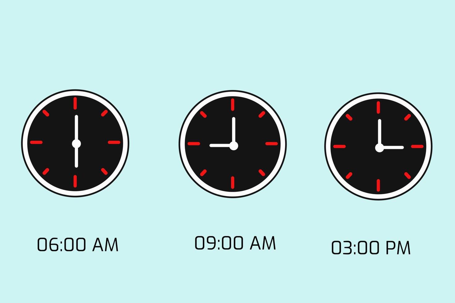 Black time clock icon isolated on a green background and showing 6am, 9am and 3pm vector