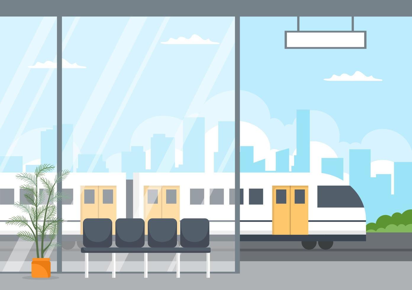 Railway Station with Train Transport Scenery, Platform for Departure and Underground Interior Subway in Flat Background Poster Illustration vector