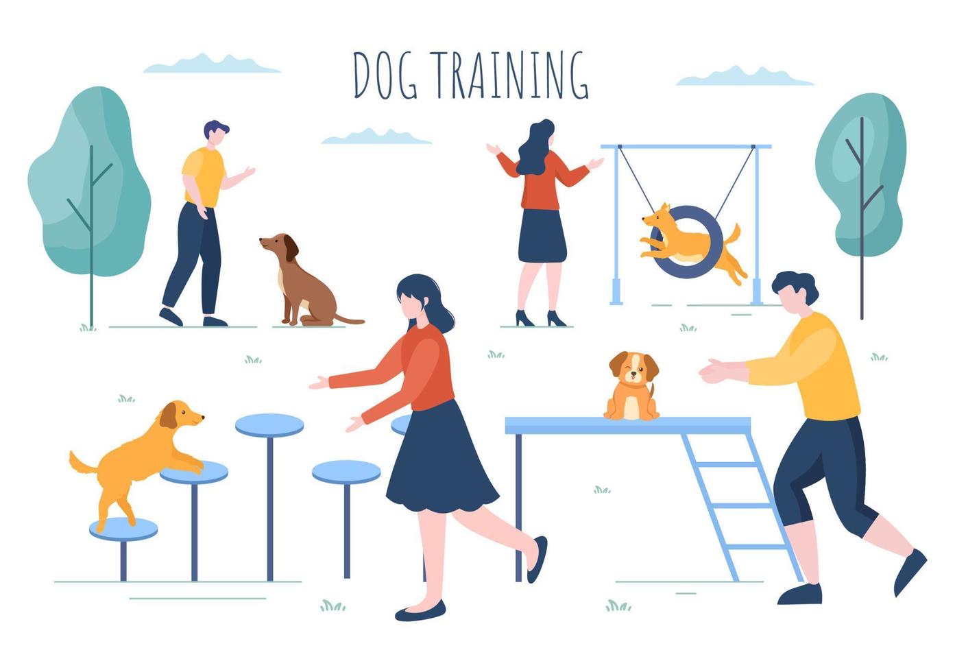 centro de entrenamiento de perros en el patio de recreo con instructor enseñando mascotas o jugando para trucos y habilidades de salto en ilustración de fondo de caricatura plana vector