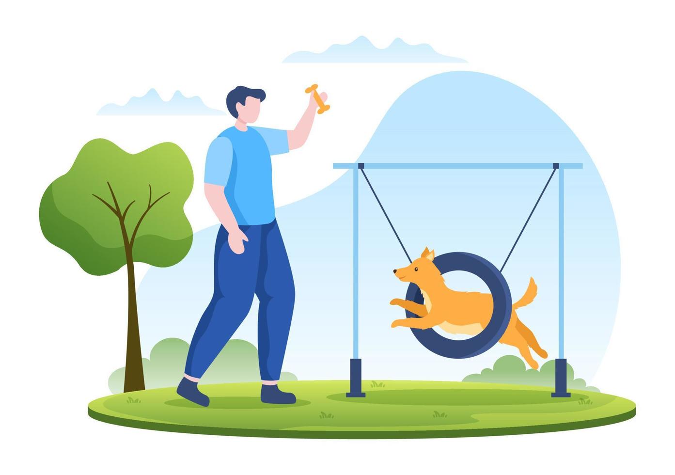 Dogs Training Center at Playground with Instructor Teaching Pets or Play for Tricks and Jumping Skills in Flat Cartoon Background Illustration vector
