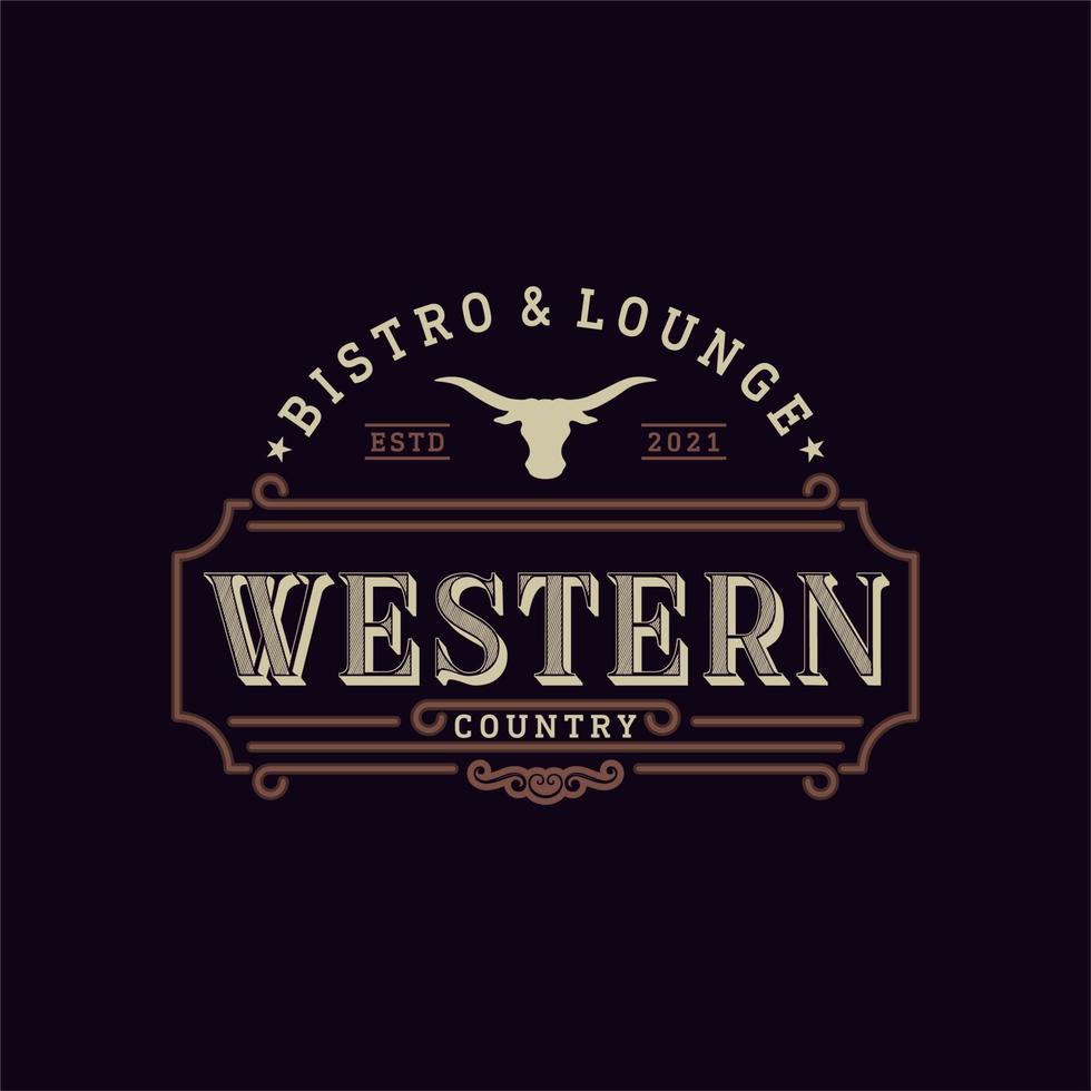 Vintage Emblem For Western Bar or Restaurant With Long Horn Icon Logo Design Inspiration vector