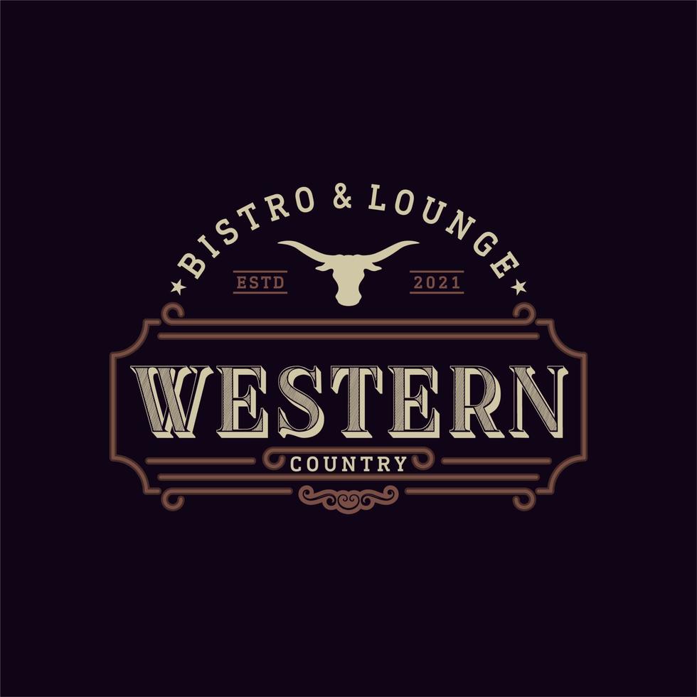 emblema vintage para bar o restaurante occidental con inspiración en el diseño del logotipo de icono de cuerno largo vector