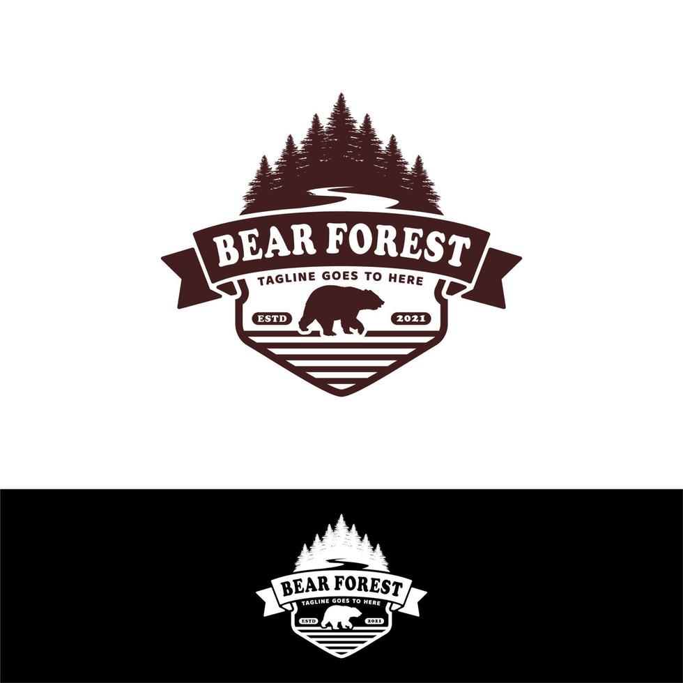 Forest Bear Retro Logo With Trees And River vector