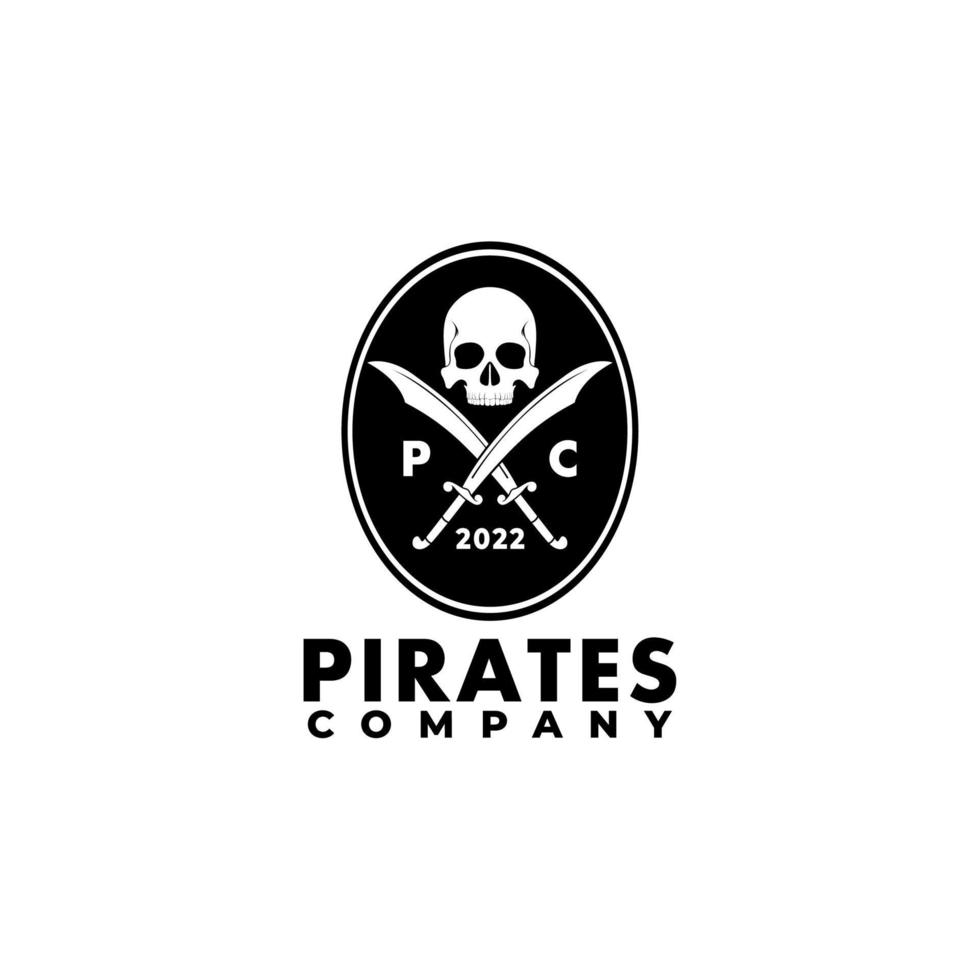 logotipo del emblema pirata con calavera e inspiración en el diseño de espadas cruzadas vector