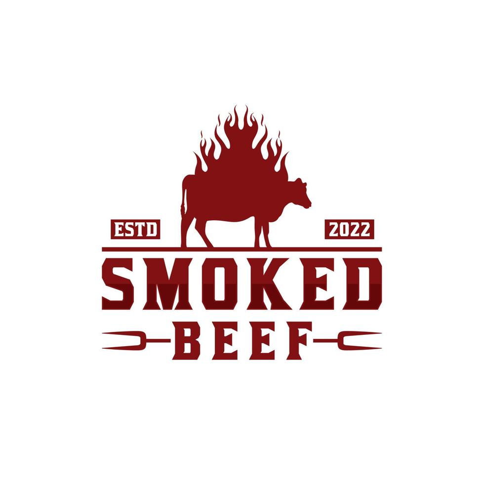 angus de vaca de ternera a la parrilla con humo, silueta de angus ardiente, diseño de logotipo vintage de vaca con llama de fuego vector