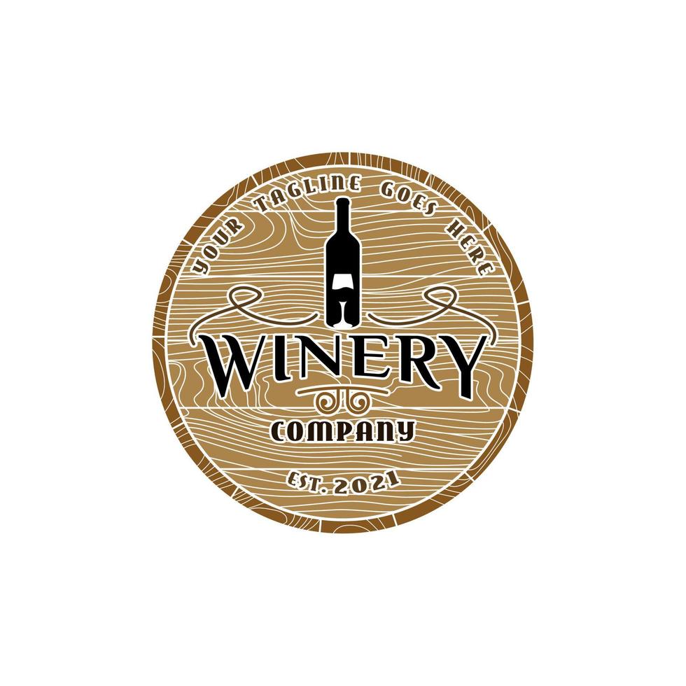 logo de bodega vintage, barril de madera con vidrio y vector de icono de botella de vino