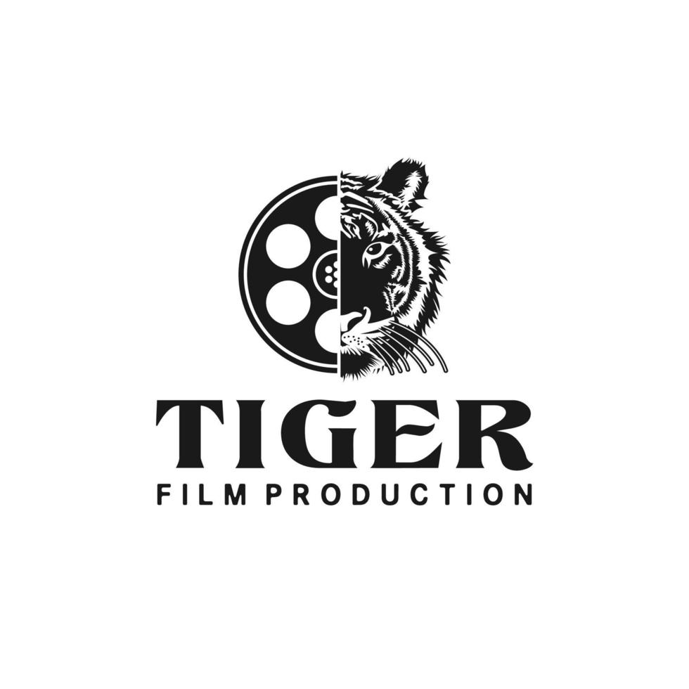 logotipo de cabeza de tigre y carrete de película para inspiración de diseño de cineasta con temática de vida silvestre vector