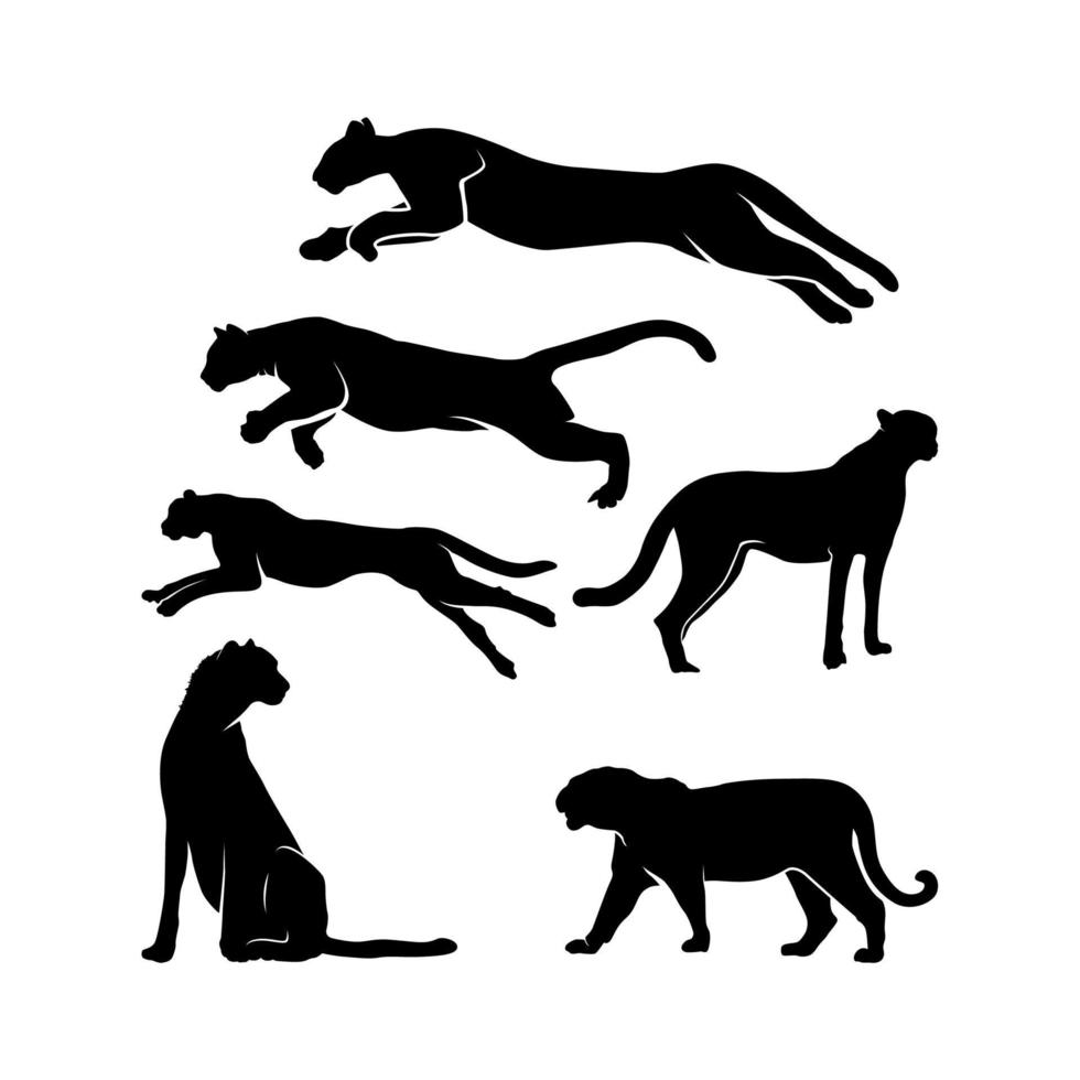Cheetah, jaguar, puma, tiger, black panther silhouette set design inspiration vector