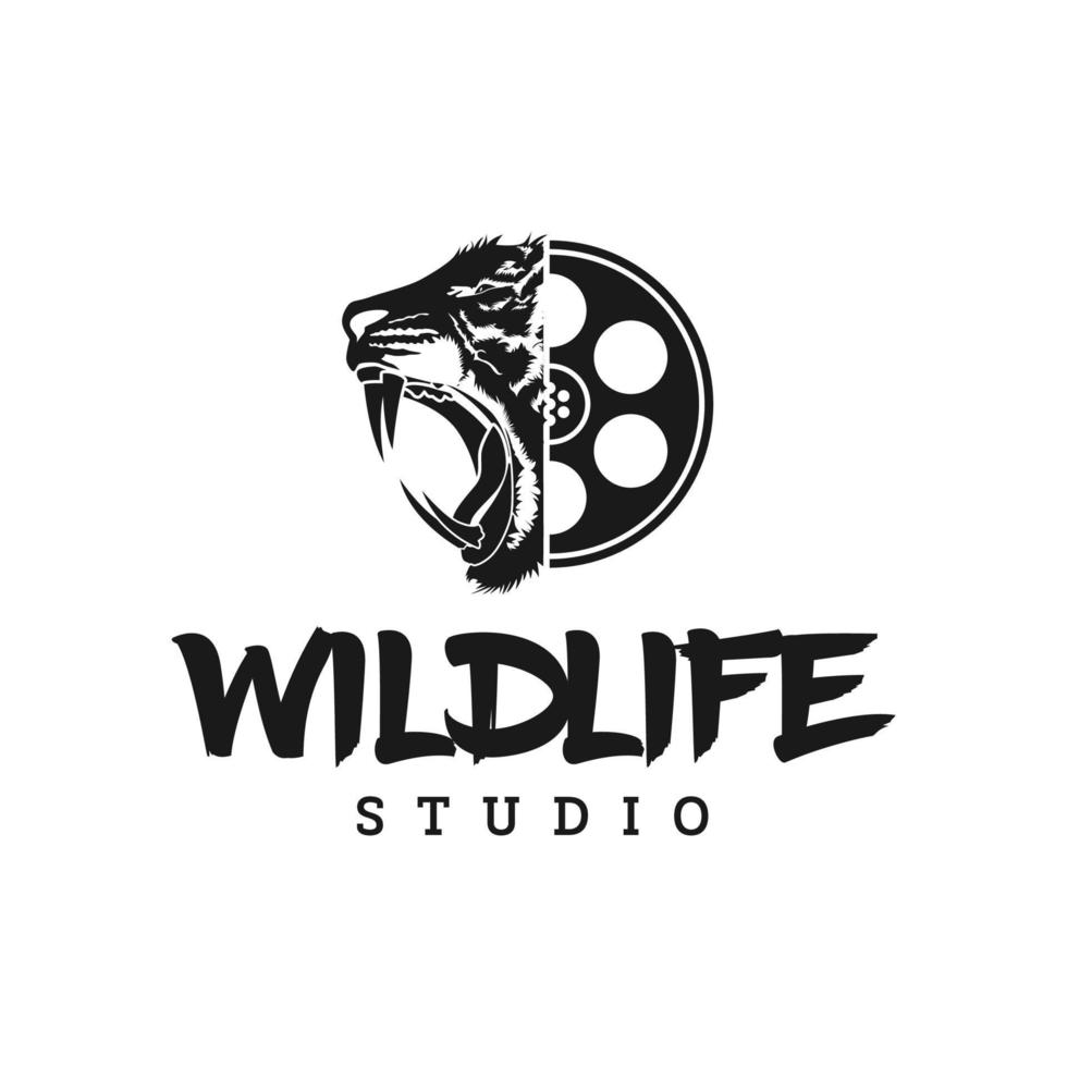 carrete de película y logotipo de tigre rugiente para la inspiración del diseño de producción cinematográfica vector