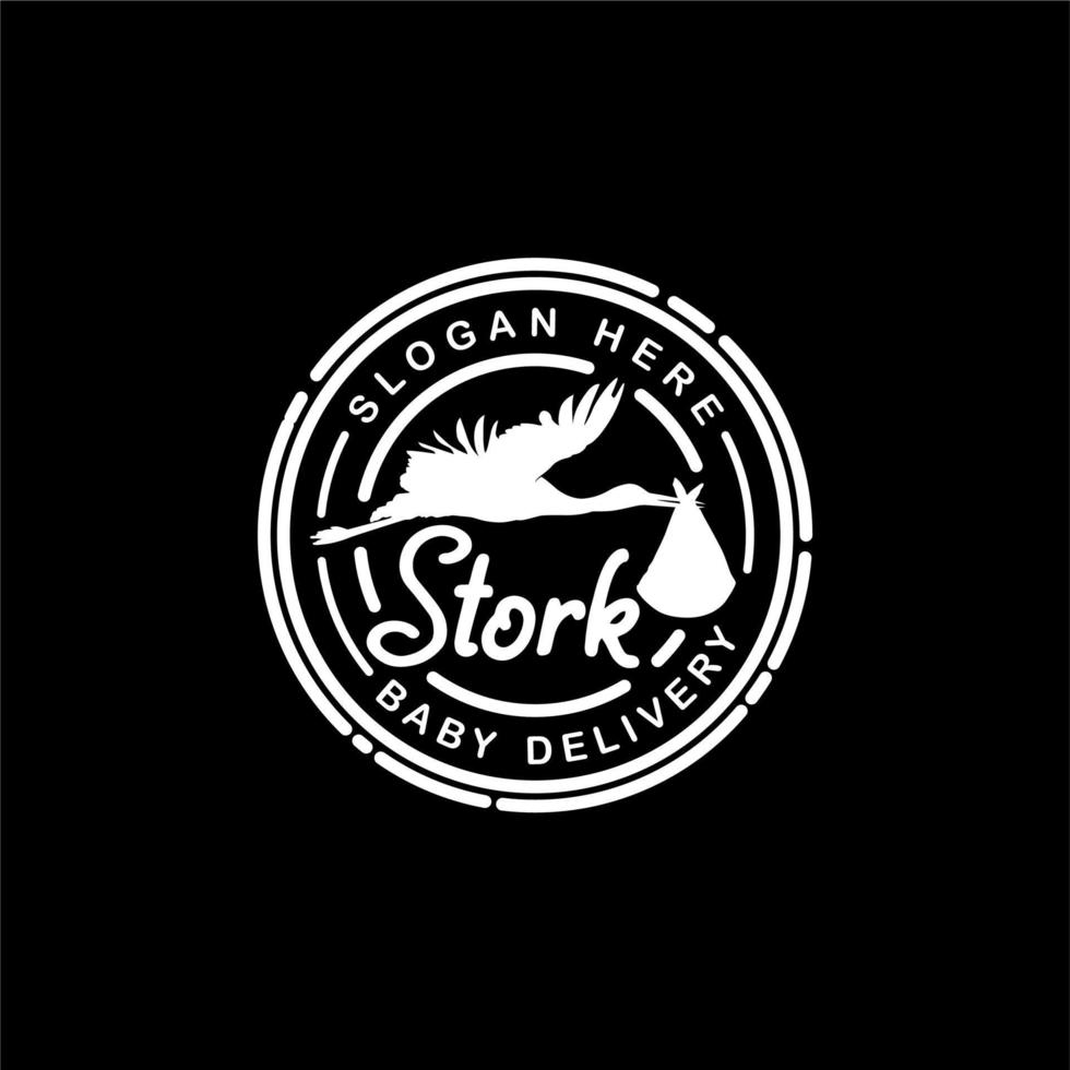 Stork Carrying Baby Logo stamp design inspiration vector
