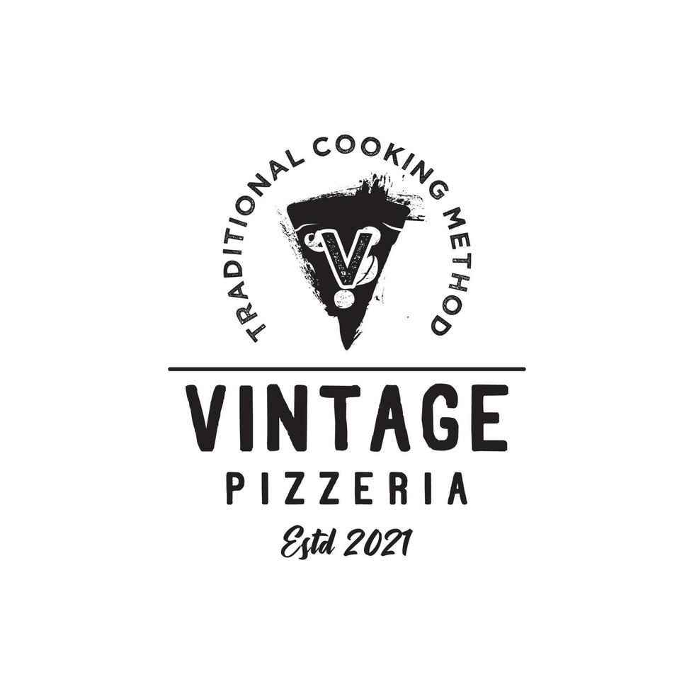 diseño de logotipo de pizzería de rebanadas de pizza vintage de letra inicial v vector