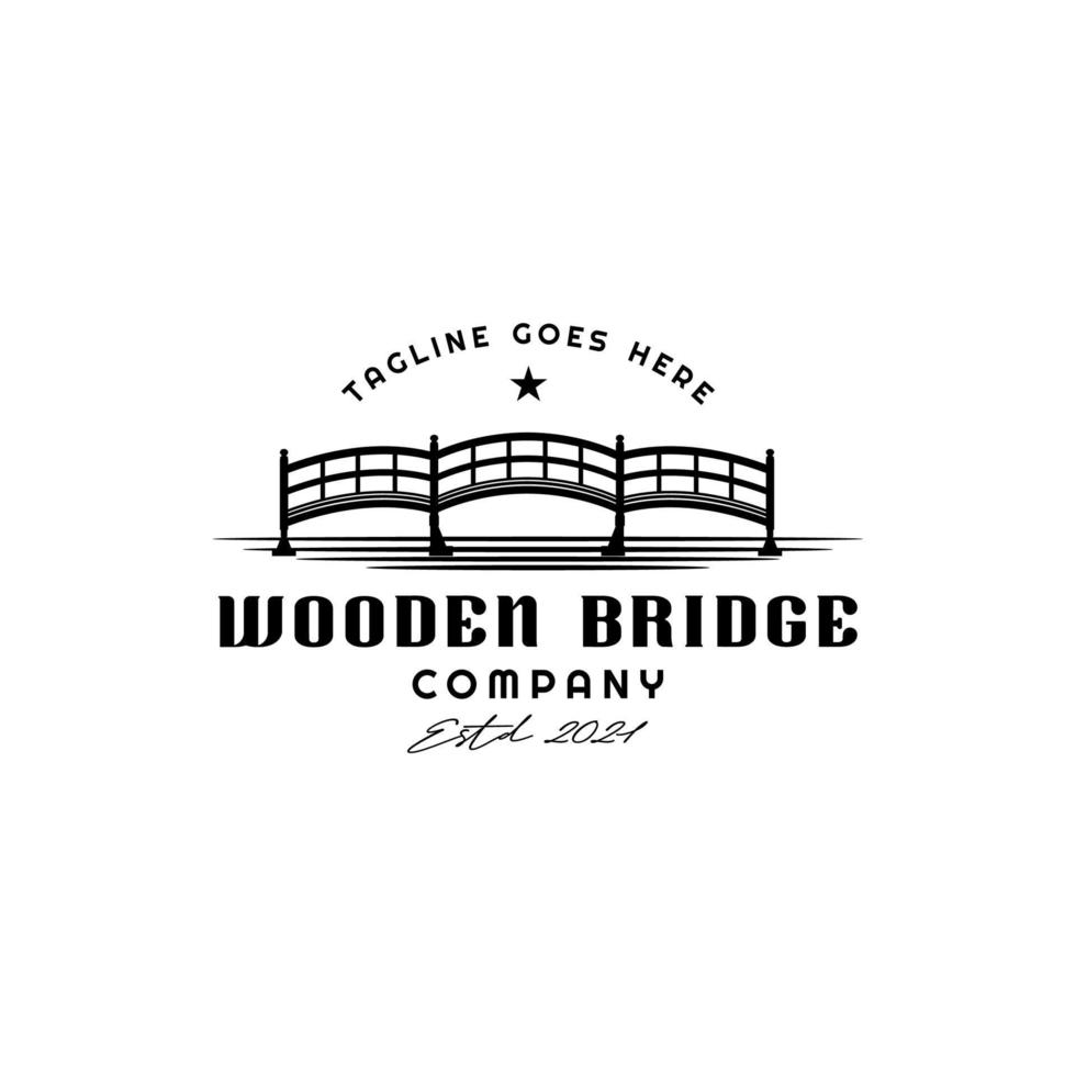diseño de logotipo de vista de silueta de paisaje de río y puente de madera vector