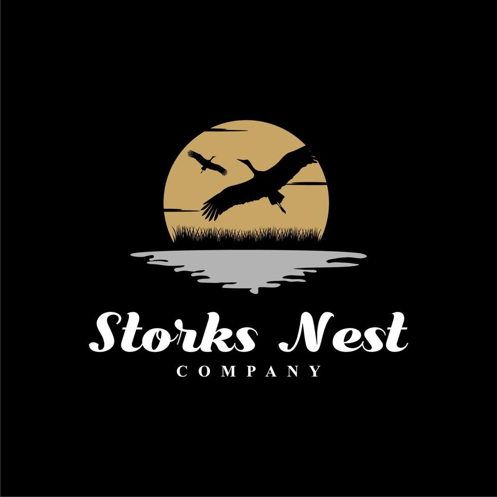 Flying Stork Heron Bird on River lake Creek Sunset logo vector