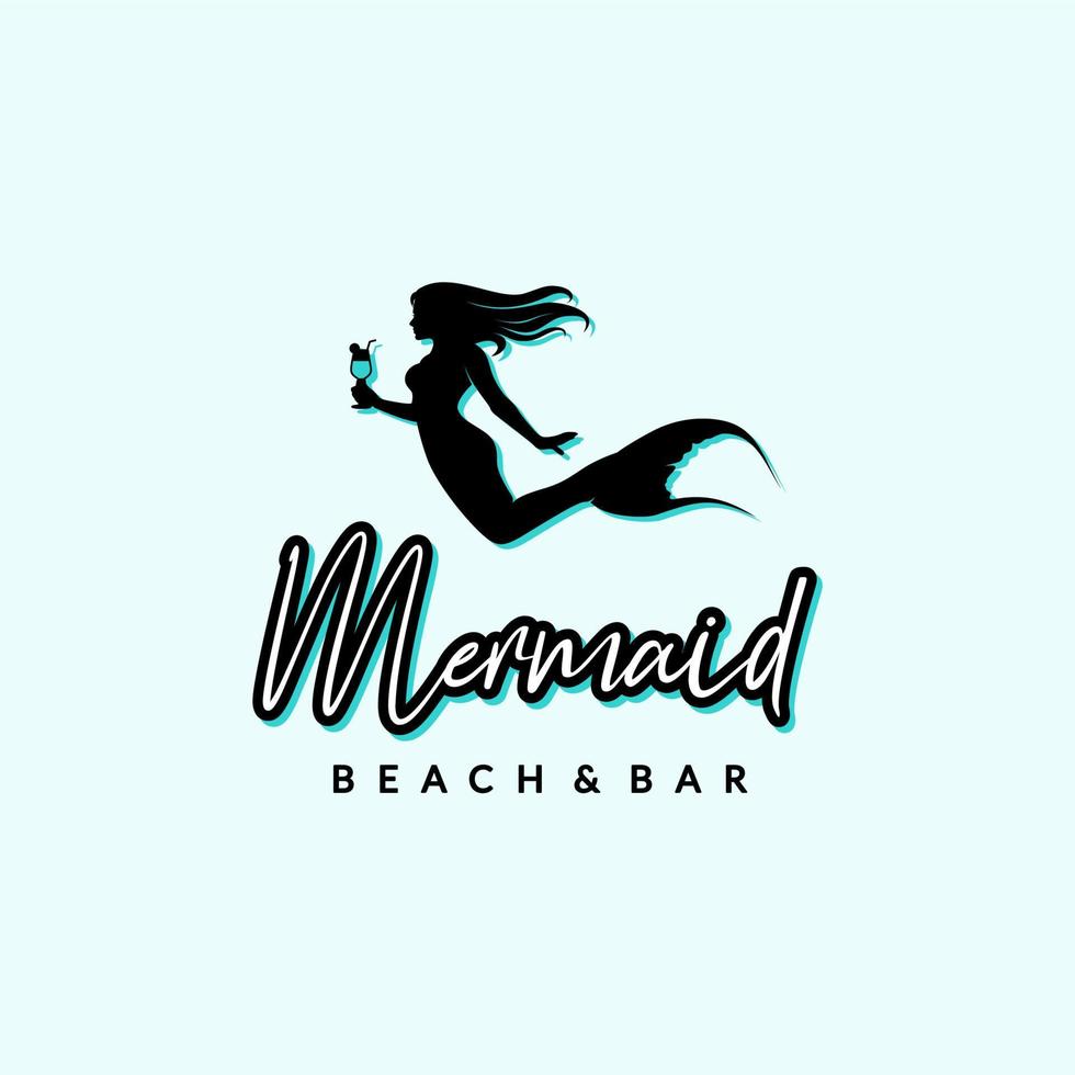 Silhouette Beautifull Mermaid with drink glass for Cafe Bar Logo design vector