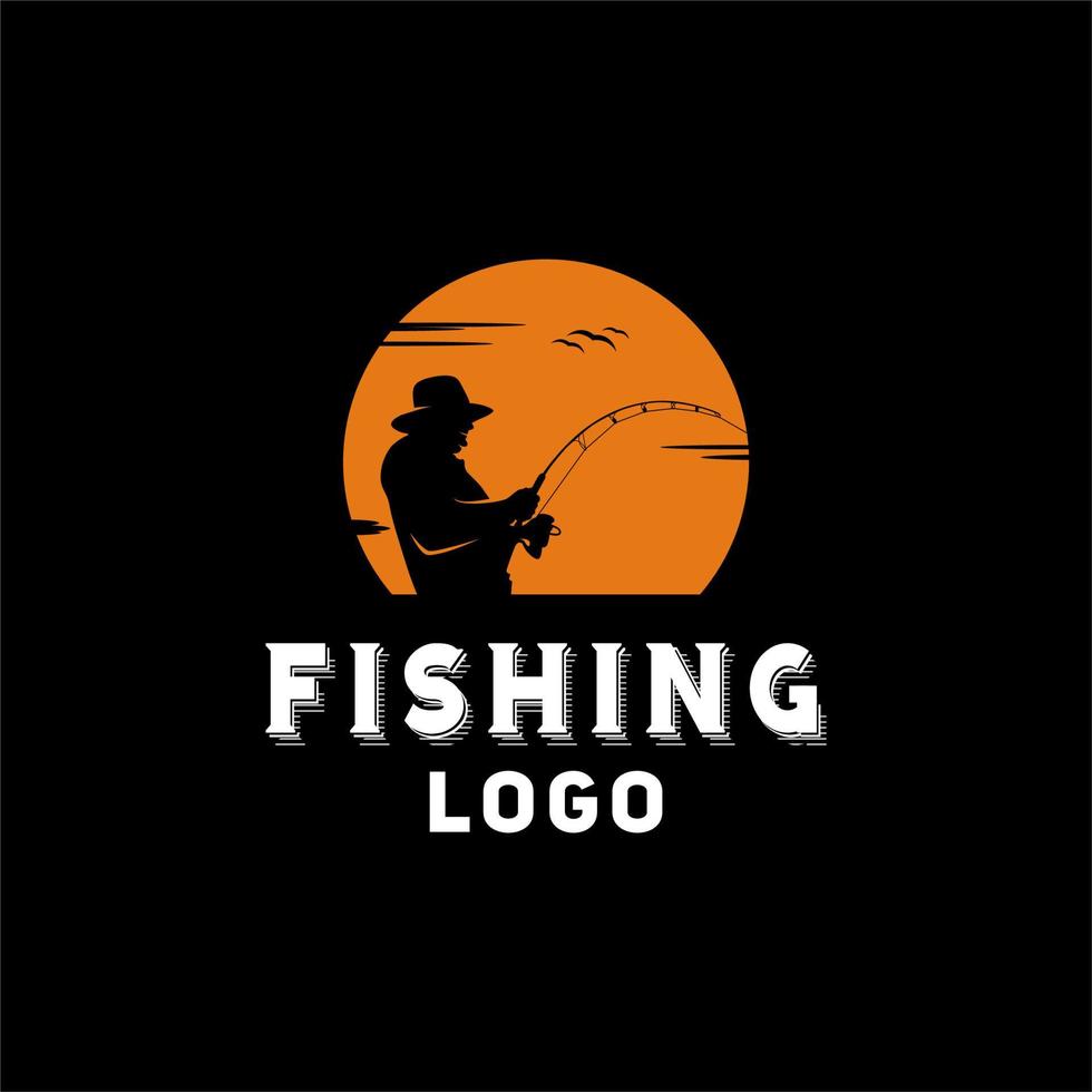 ilustración del logotipo de la silueta de la pesca del pescador al atardecer al aire libre vector