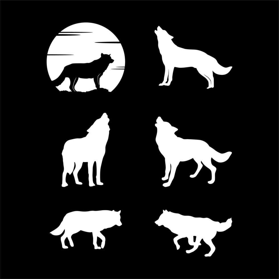 conjunto de silueta de lobo, lobos aullando a la luna llena vector