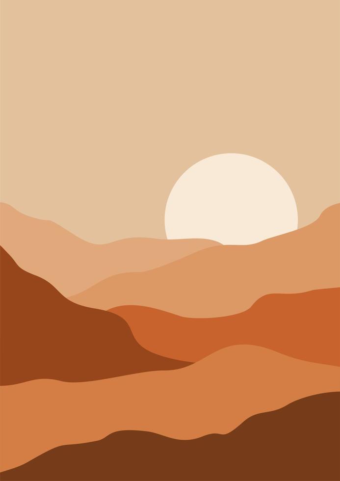 fondo estético contemporáneo abstracto con desierto, montañas, sol. tonos tierra, naranja quemado, colores terracota. decoración de pared bohemia. paisajes ambientados con amanecer, atardecer. tonos tierra, colores pastel. vector