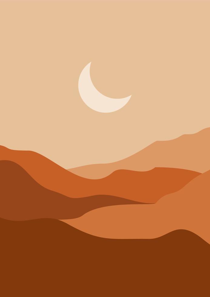 Abstract contemporary aesthetic background with desert, mountains, Sun. Earth tones, burnt orange, terracotta colors. Boho wall decor. landscapes set with sunrise, sunset. Earth tones, pastel colors. vector