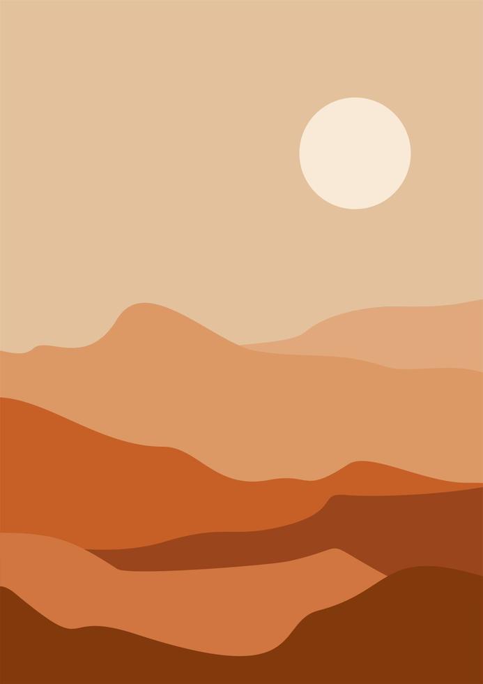 Abstract contemporary aesthetic background with desert, mountains, Sun. Earth tones, burnt orange, terracotta colors. Boho wall decor. landscapes set with sunrise, sunset. Earth tones, pastel colors. vector