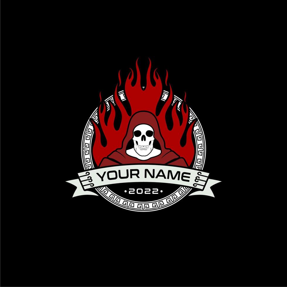 Fire Cloak skull with greek ornament for game community logo design inspiration vector