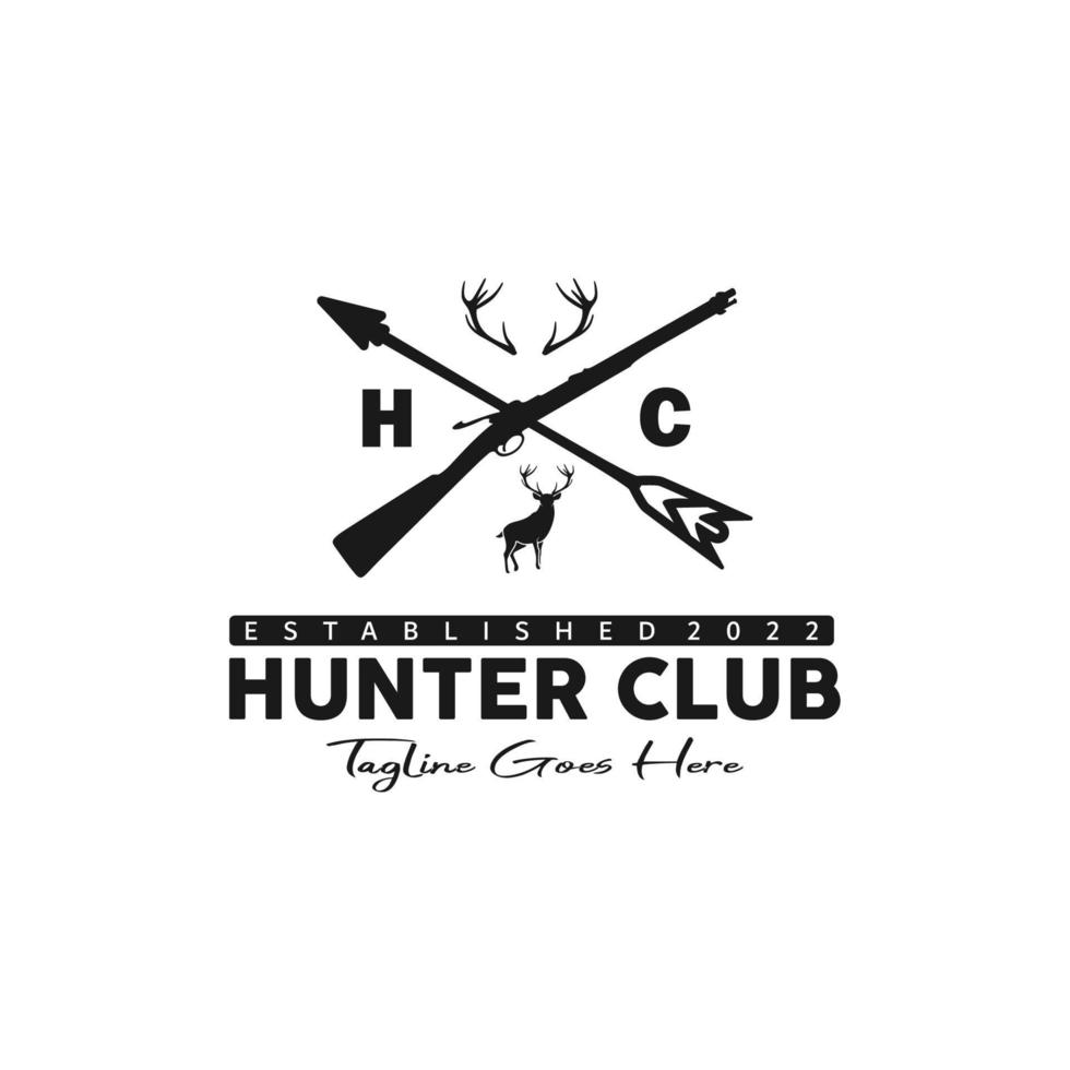 Vintage Retro Hunting Logo, Antler Deer with initials and Crossing Arrow Gun vector