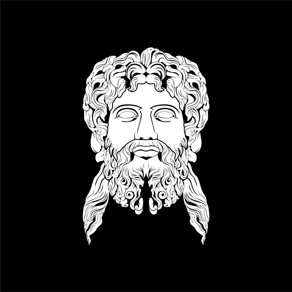 Ancient Greek God Sculpture Philosopher Face like Zeus Triton Neptune with Beard and Mustache logo design vector