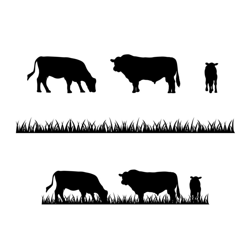 diseño de logotipo de granja de silueta de vaca angus, vaca y pasto vector