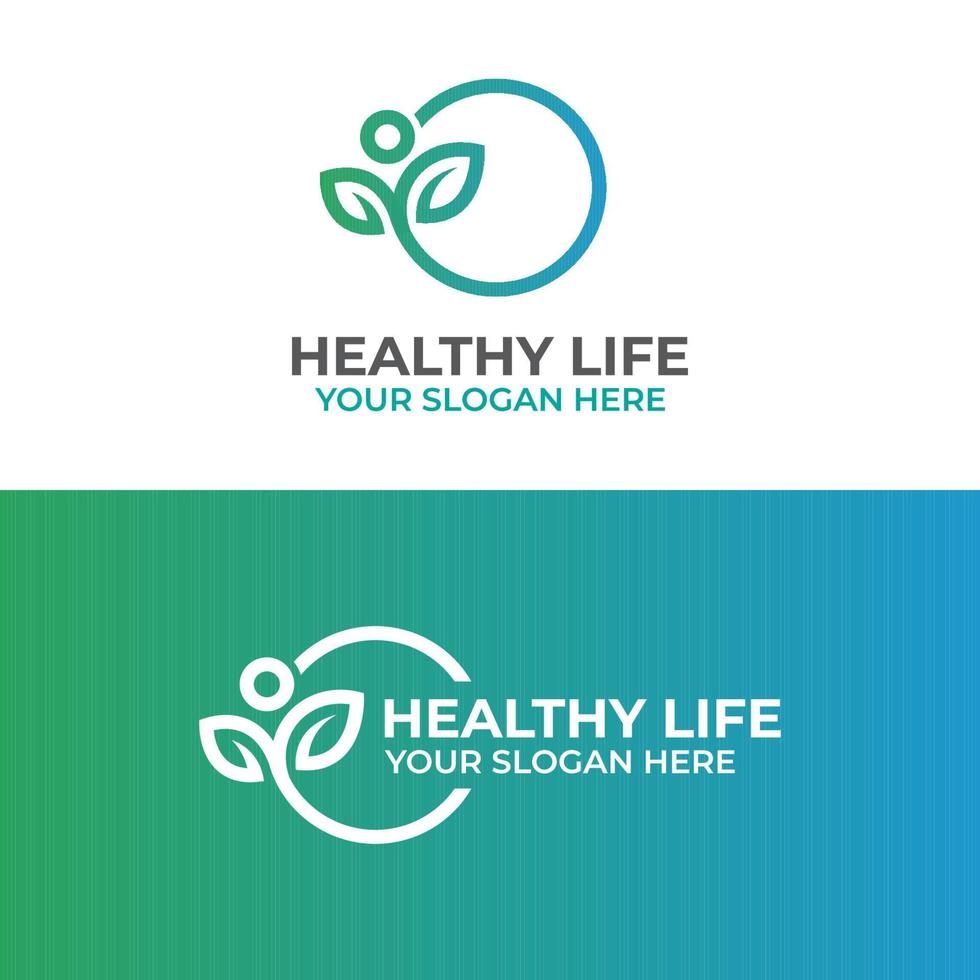 Healthy life with people and leaf line art style logo design vector