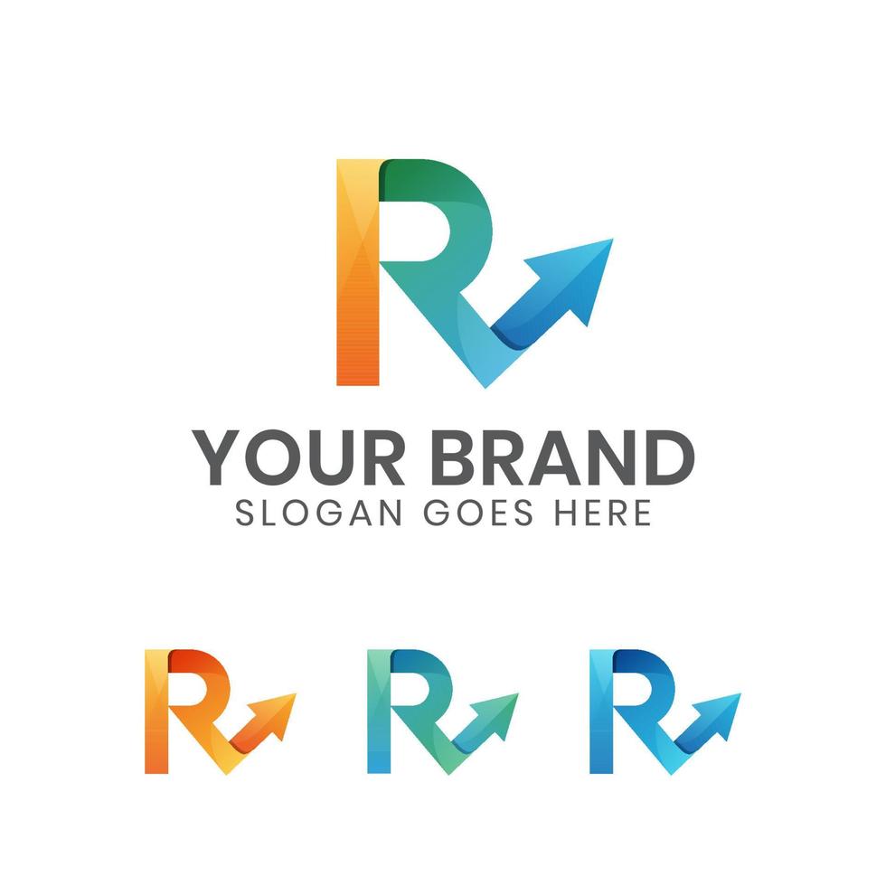 letra de color moderna r con logotipo comercial de flecha para su marca, entrega, transporte, logística, viajes, gira vector