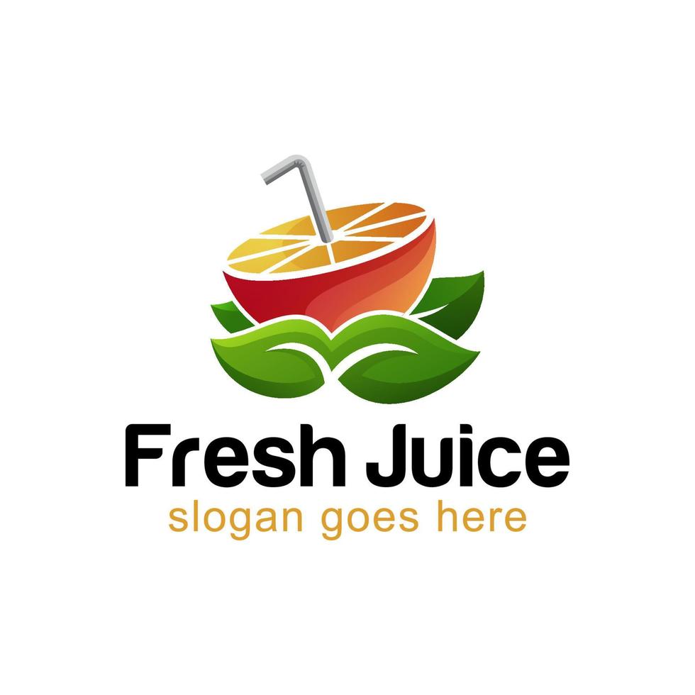 logotipos modernos de jugo fresco con frutas en rodajas naranja y vector de logotipo de hoja