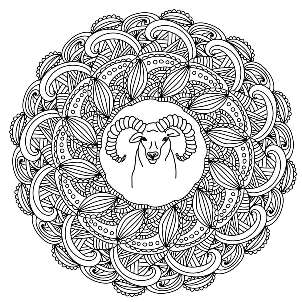 Outline zen mandala with fantasy patterns and an image of Aries in the center, zodiac sign and antistress doodle coloring page vector