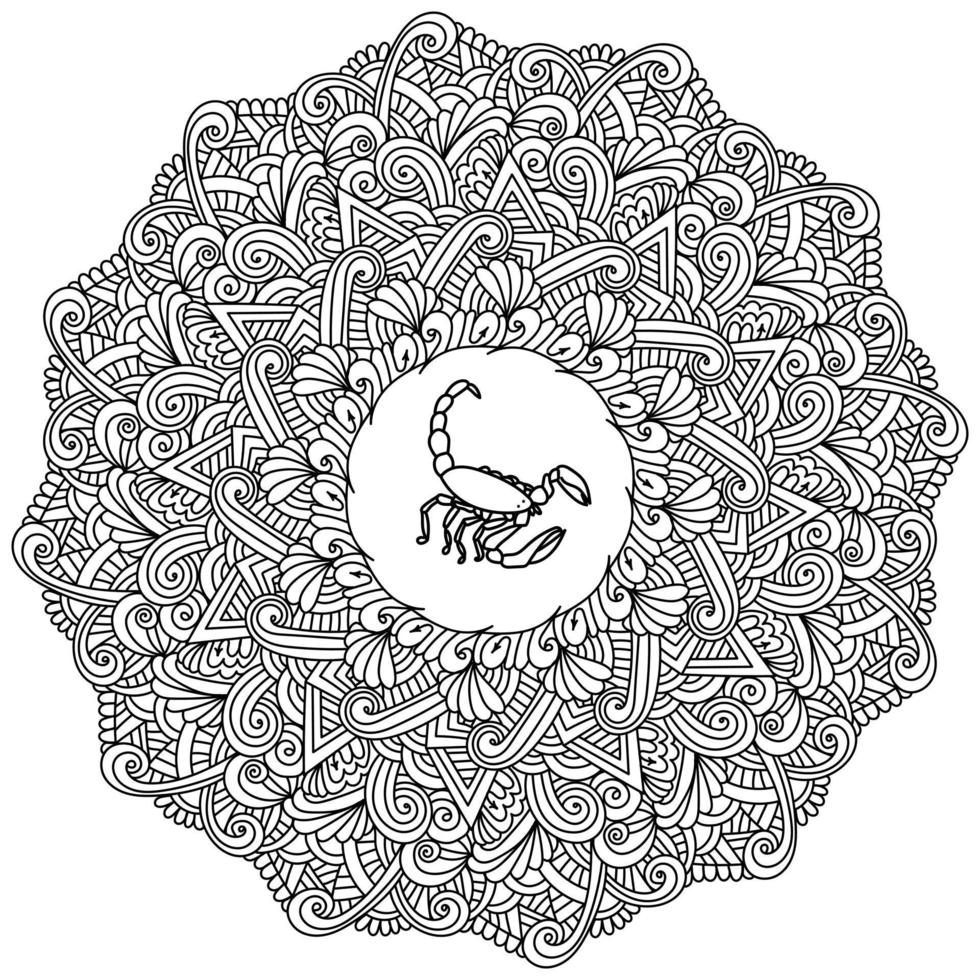 Antistress mandala with curls, waves and scorpio zodiac sign in the center, zen coloring page in the form of a round frame vector