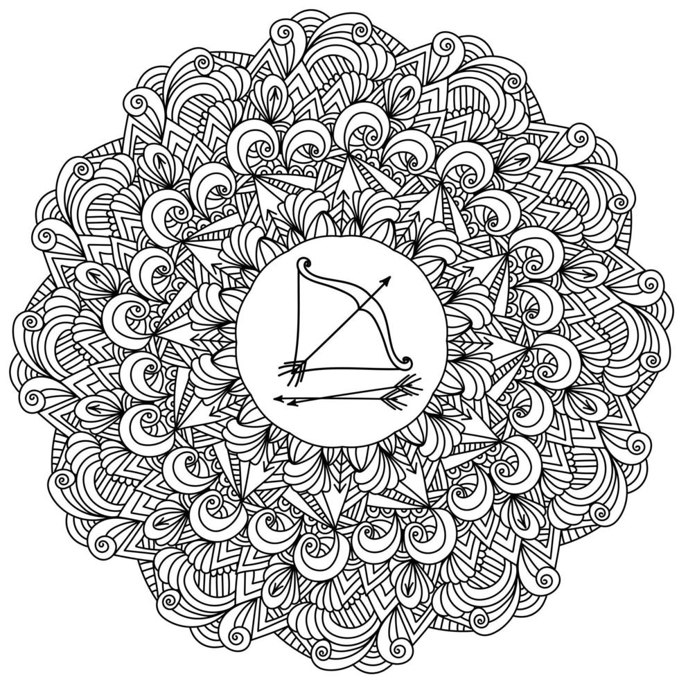 Contour zen mandala with linear patterns and zodiac sign Sagittarius in the center, antistress coloring page from various weaves vector