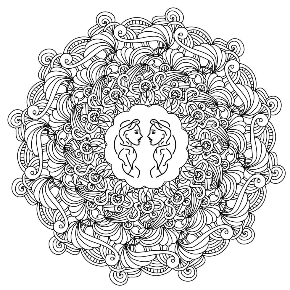 Contour zen mandala with arches and fantasy curls and a symbol in the center, zodiac sign Gemini in a round doodle frame with wavy lines, anti stress coloring book page vector