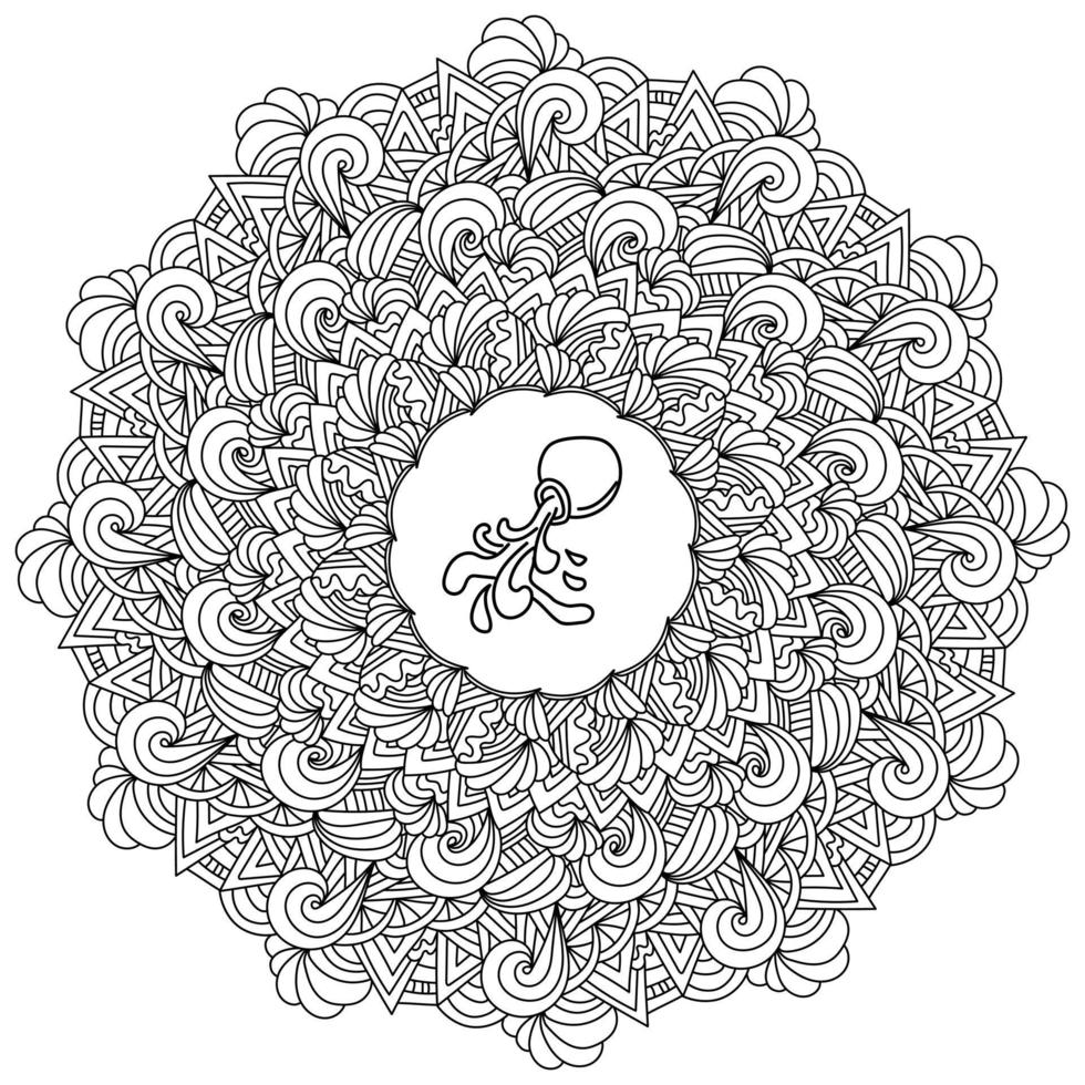 mandala antiestrés con ondas, rizos y signo zodiaco acuario en el centro, página de color zen en forma de marco redondo con patrones ornamentados vector
