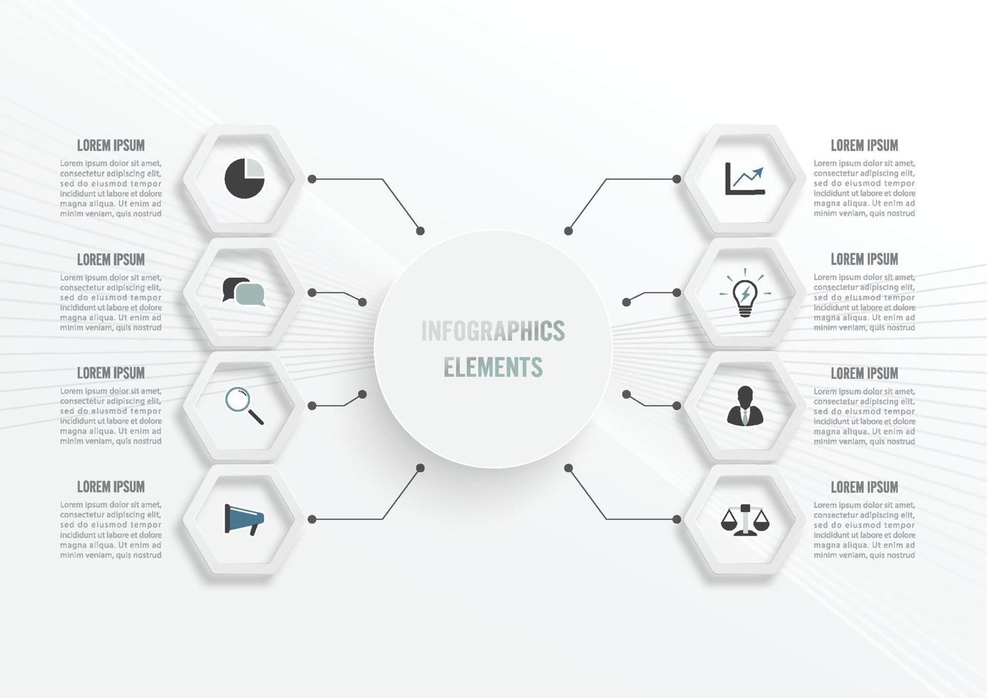 Vector infographic template with 3D paper label, integrated circles. Business concept with 8 options. For content, diagram, flowchart, steps, parts, timeline infographics, workflow, chart.