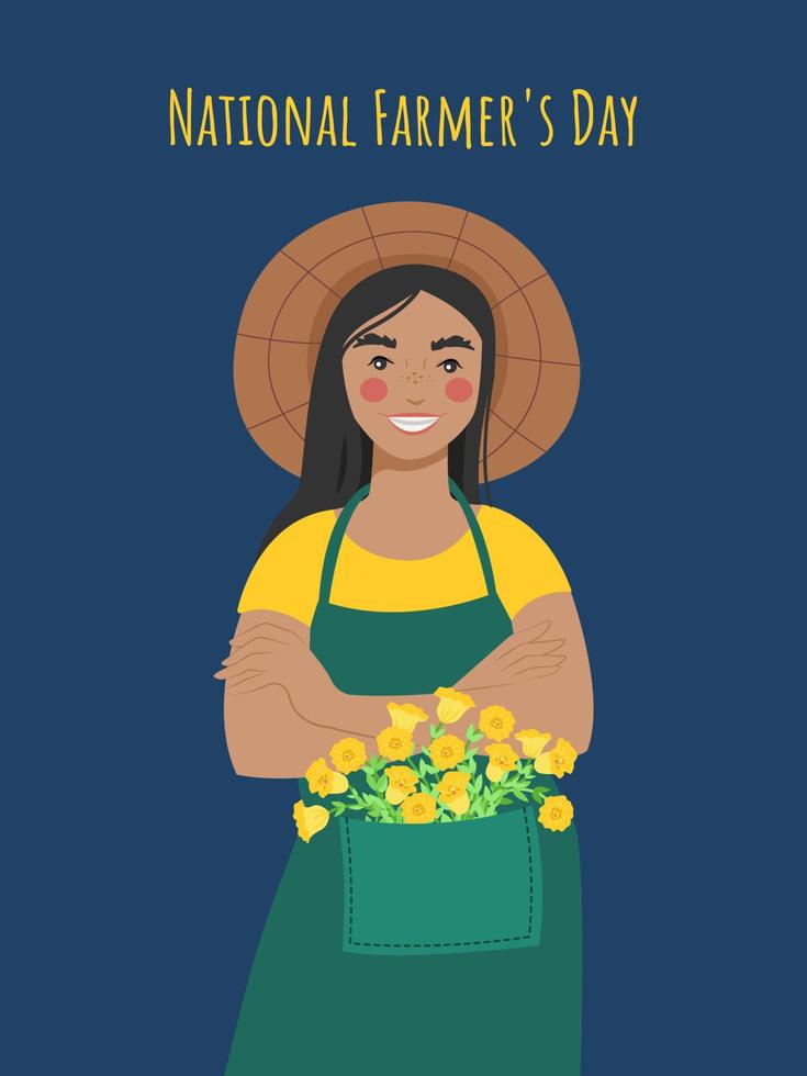 día nacional del agricultor. mujer en delantal y sombrero de paja. ilustración vectorial en estilo plano vector