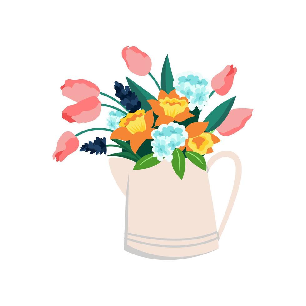 Jug of flowers, tulips and daffodils, spring bouquet of hydrangeas. Vector illustration