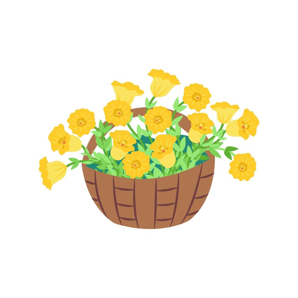 Basket with yellow petunias. Bush of lush flowers. Vector illustration