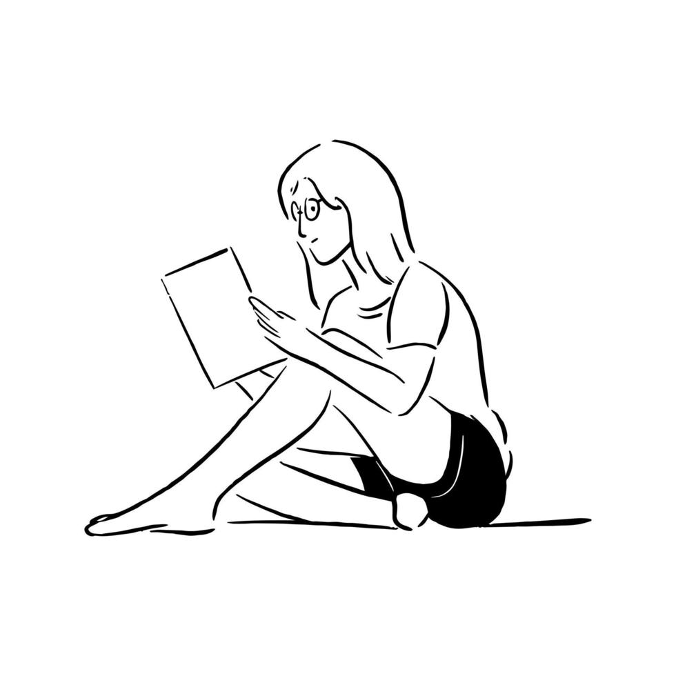 niña sentada en el suelo mientras lee la ilustración del concepto novedoso vector