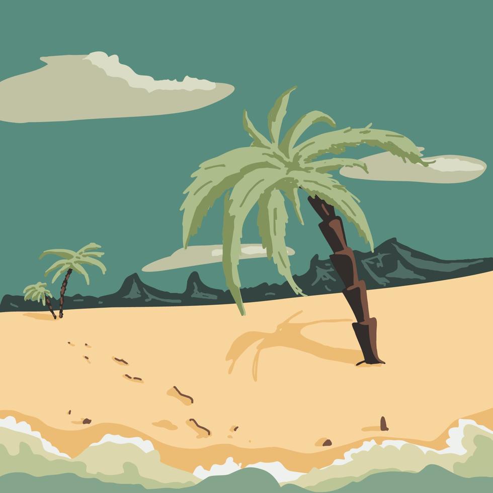 Abstract seascape with white sand, palm trees and mountains. Deserted tropical beach view with human footprints. Modern vector illustration in minimalist retro style