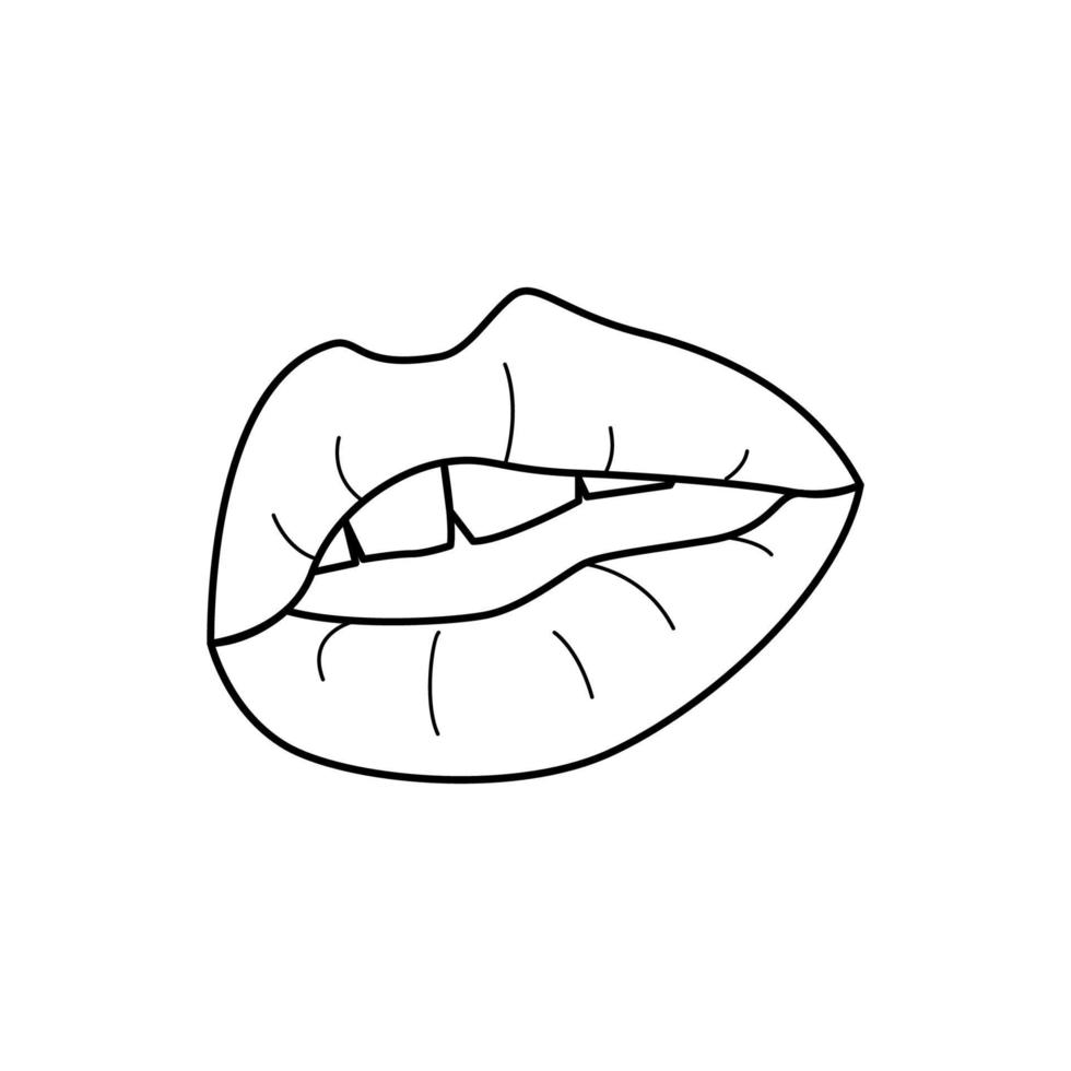 Female doodle lips. Open mouth in line art style. Black and white vector illustration isolated on white background