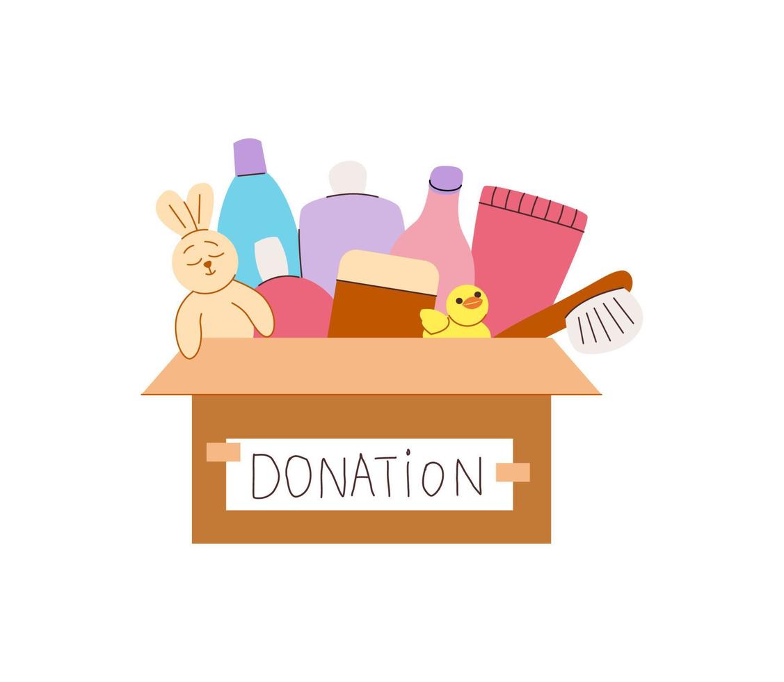 Cardboard box with toys and kids cosmetics for donations. Pile of colorful bottles, bunny, duck and hairbrush. Baby bathing and skin care items. Flat vector illustration isolated on white background