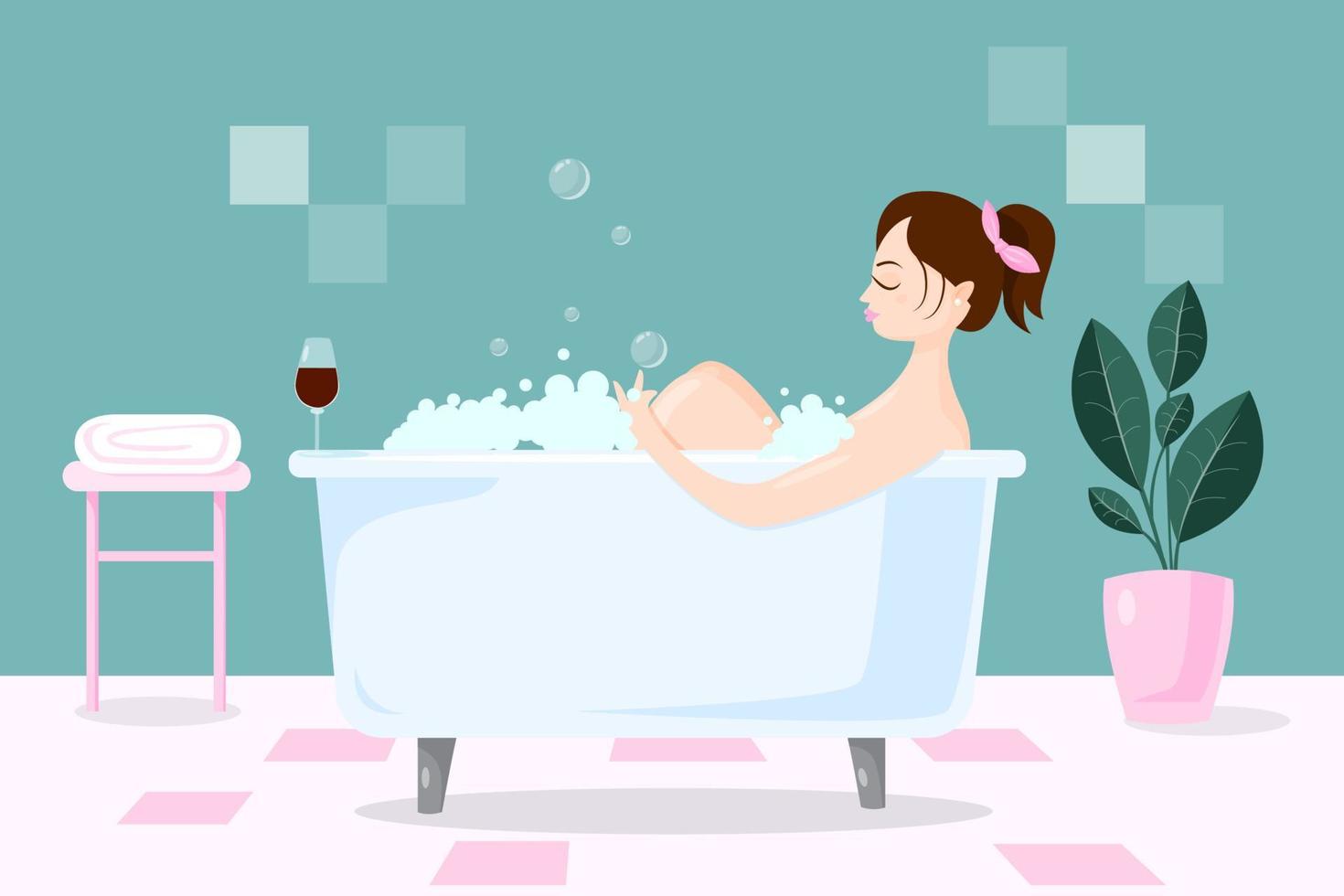 Pretty woman takes long bath and hugs her knees. Concept of relaxation, care and self love. Female character spends time with benefits for body. Vector illustration