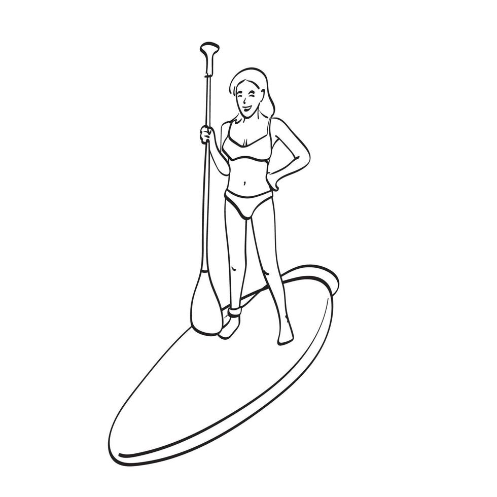 mujer en bikini de pie en la tabla de remo ilustración vectorial dibujada a mano aislada en el arte de línea de fondo blanco. vector