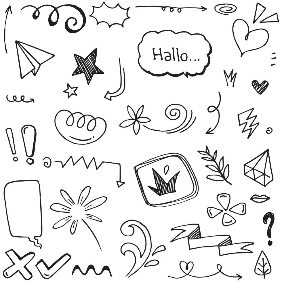 Abstract arrows, ribbons, crowns, hearts, explosions and other elements in hand drawn style for concept design. Doodle illustration. Vector template for decoration