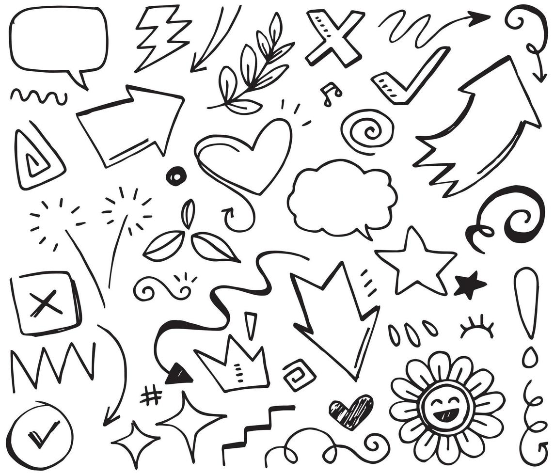 Abstract arrows, ribbons, crowns, hearts, explosions and other elements in hand drawn style for concept design. Doodle illustration. Vector template for decoration