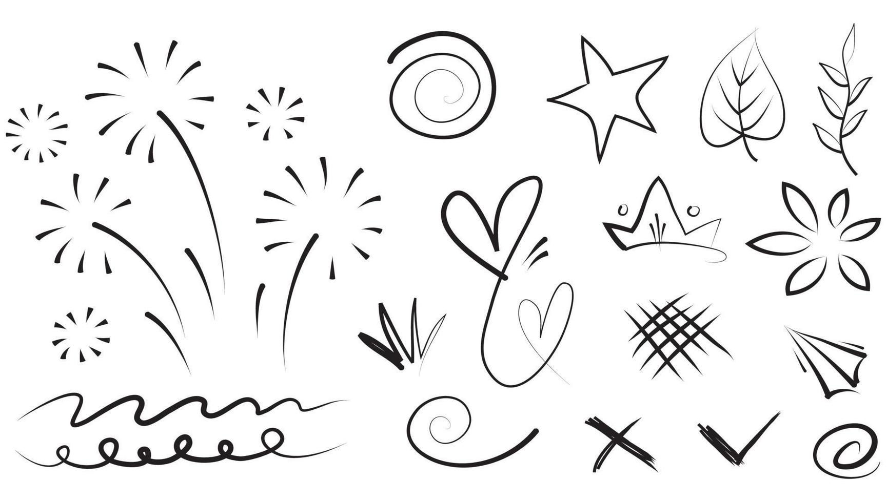 Abstract arrows, ribbons, crowns, hearts, explosions and other elements in hand drawn style for concept design. Doodle illustration. Vector template for decoration